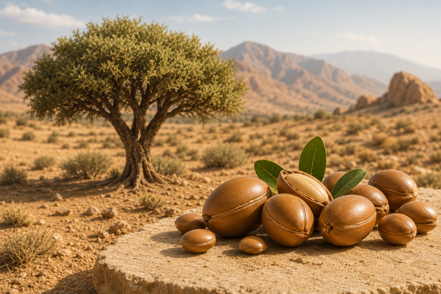 Arganier et fruits d'argan dans un paysage du sud marocain, au pied de l'Atlas