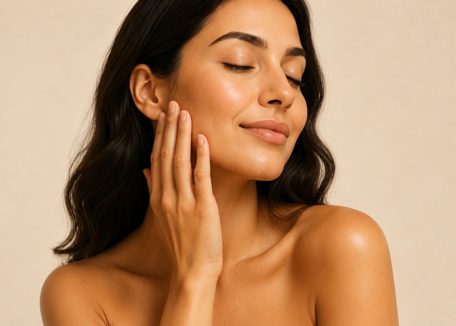 Femme au teint lumineux appliquant l'huile d'argan sur son visage